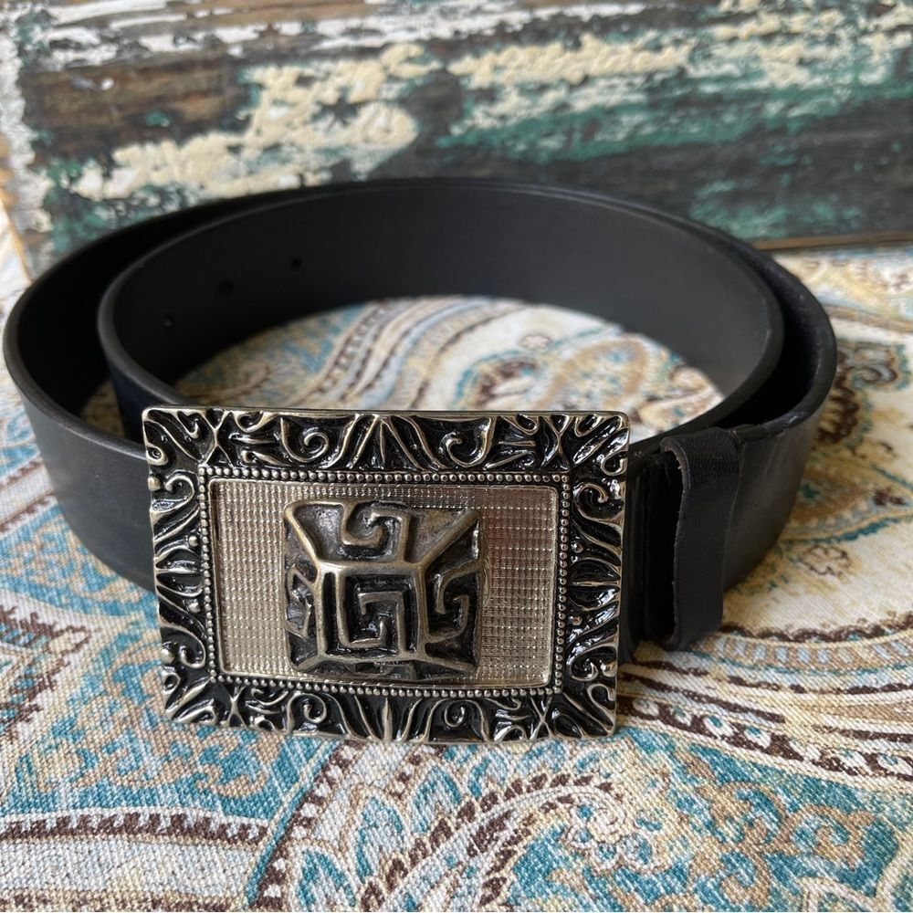 IItalian Leather Belt Mixed Metal Artisan Buckle Black Silver Tone Size L